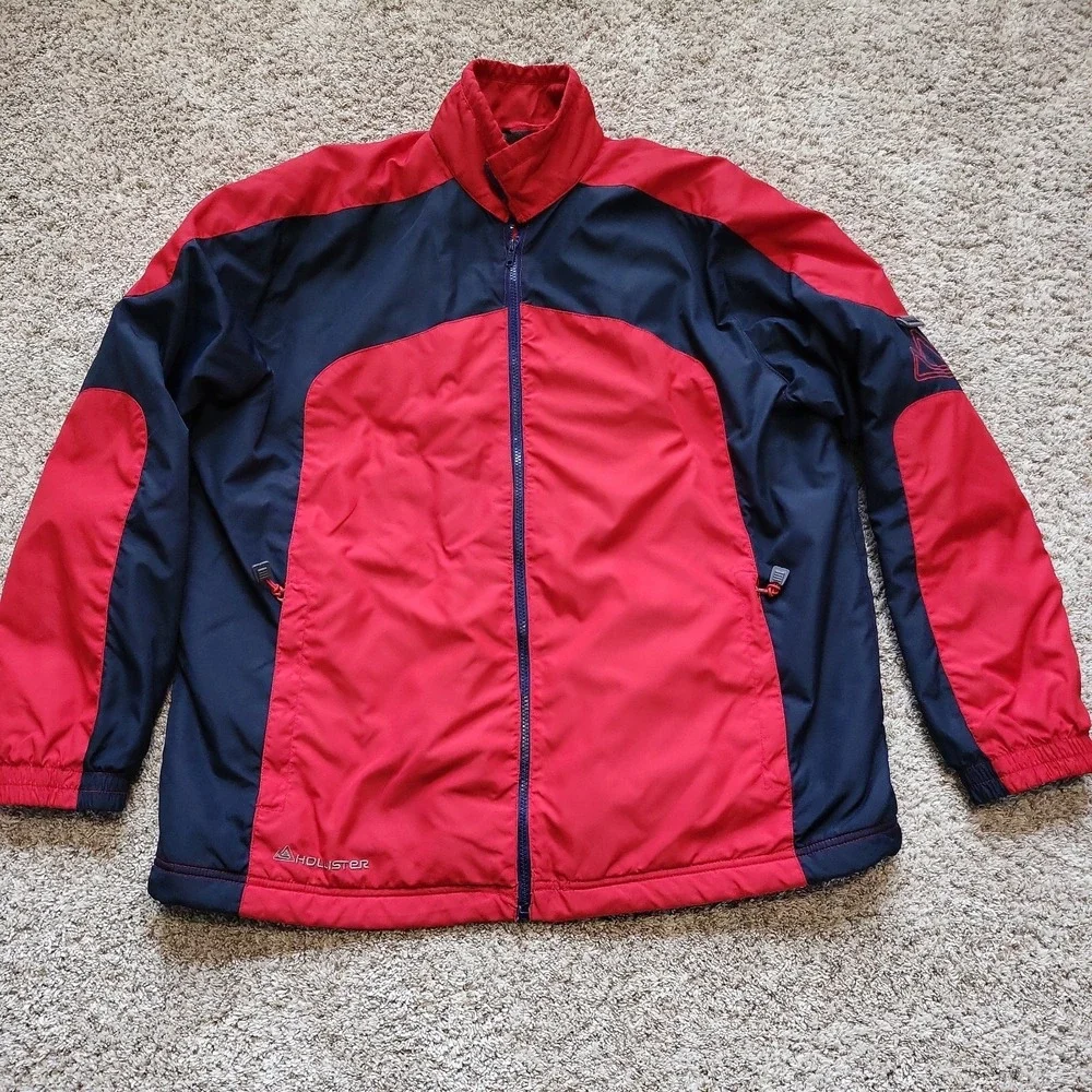 VINTAGE Hollister Ski Style Jacket Mens L Red Navy Fleece‎ Lined Full Zip Y2K